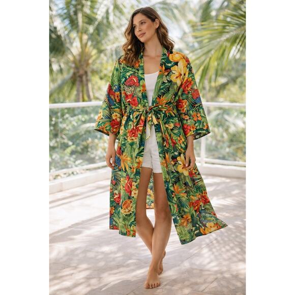 Nautica 100% Cotton Tropical Kimono Robe Parrot Print One Size Lightweight